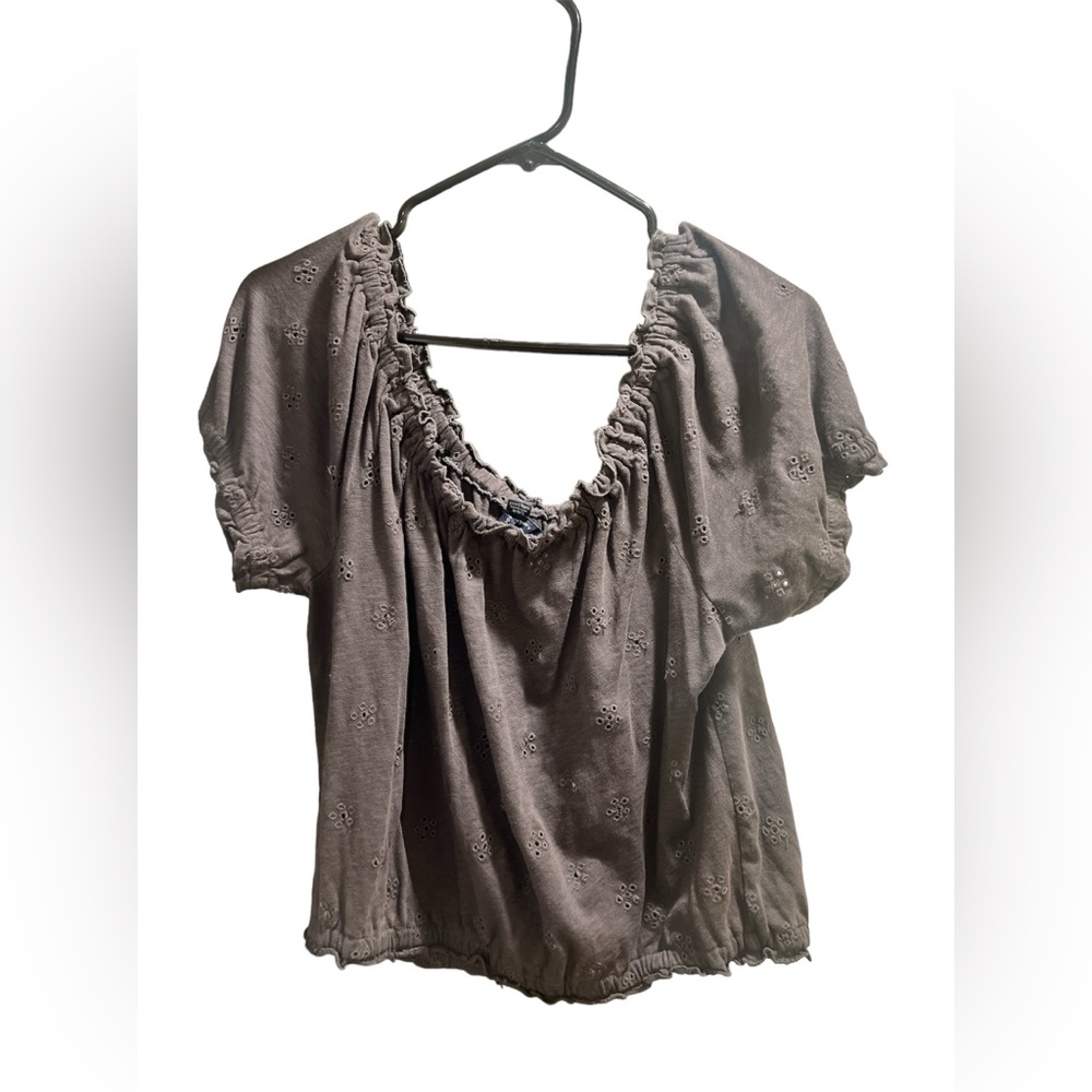 AMERICAN EAGLE Dark Gray Embroidered Floral Eyelet Puff-Sleeve Crop Top Womens L